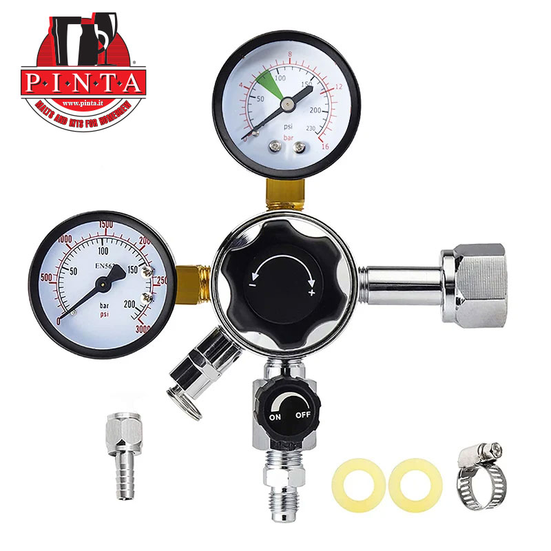 Regulador de CO2 con indicador doble con divisor en Y y una válvula de control